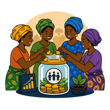 African Village Savings Group Contributing to Community Microfinance Fund Flat Vector Illustration