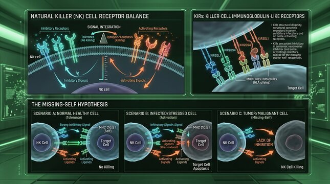 Natural killer cell receptors diagram. Immune system biology chart showing cell interaction.