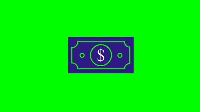 A flat 2D vector dollar bill icon&mdash;featuring a dark purple body, neon-green outlines, a central dollar sign , and decorative corner circles&mdash;animates against a solid green screen background.