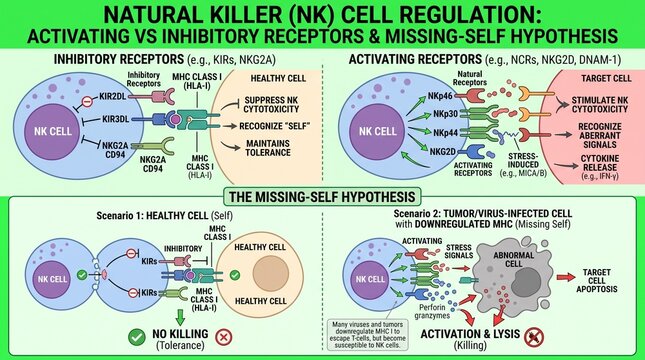 Natural killer cell regulation diagram. Scientific chart of missing-self hypothesis.