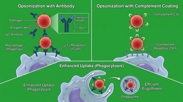 Opsonization process enhancing phagocyte immune response. Medical illustration of antibody tagging for pathogen destruction in human immunity.