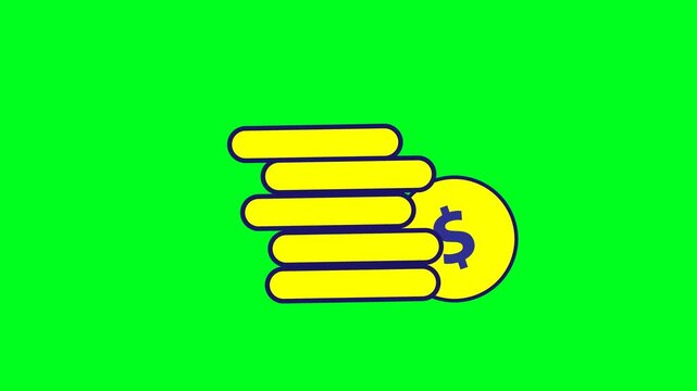 A flat 2D vector animation set against a solid bright green background, featuring a stack of five yellow coins with dark blue outlines.