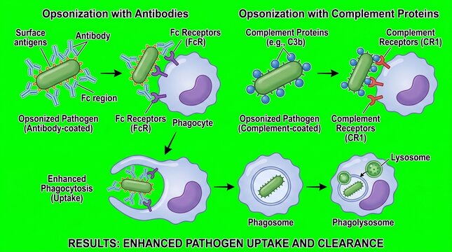 Opsonization process diagram. Immune system mechanism showing pathogen phagocytosis.