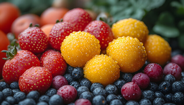 Fresh Blackberries and Raspberries with Water Drops, Colorful Berries and Natural Food Photography 