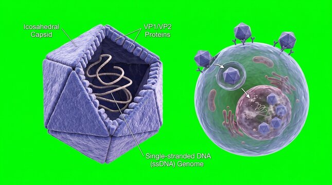 Parvovirus B19 infecting human cell. Viral capsid structure and DNA replication process.