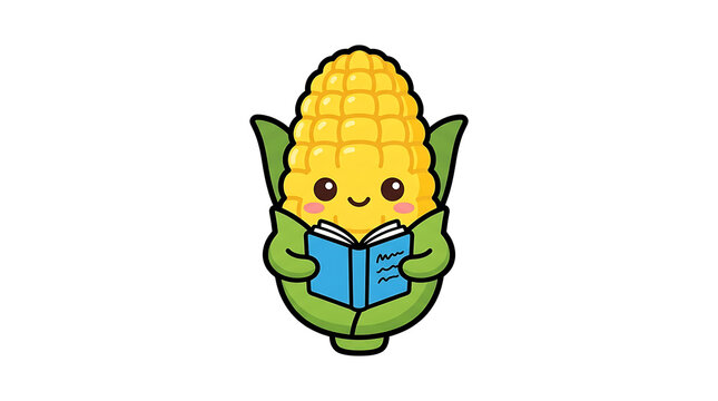 Kawaii corn character reading a book. Cute vegetable mascot studying with a blue textbook.