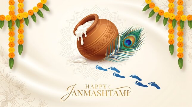 Janmashtami Clay Pot with Peacock Feather and Butter Splash