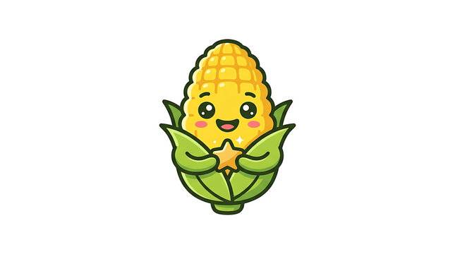 Cute kawaii corn character holding a star. Happy vegetable mascot with a friendly smile.