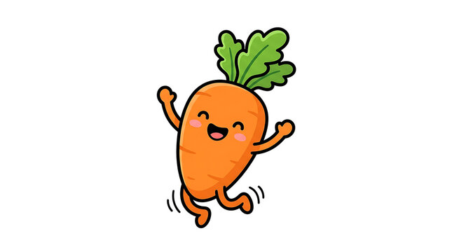 Cute kawaii carrot jumping for joy. Happy vegetable character with a cheerful expression.
