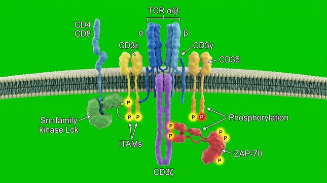 T-cell receptor complex diagram. Molecular biology model of immune cell signaling.