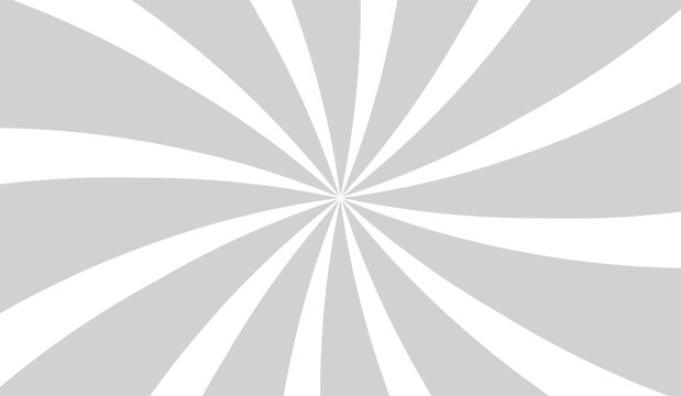 Abstract sunburst gray white radial twisted sunrays background for modern designs, banners, poster, advertisement, presentations and social media post. Rotating sunbeam flat style backdrop.