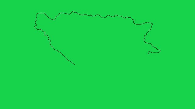 Continuous line drawing animation of bosnia and herzegovina map on solid green backdrop.