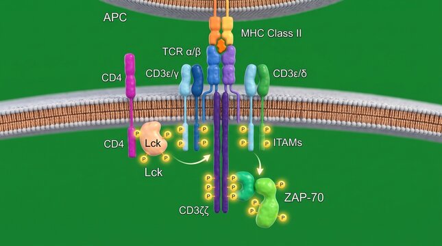 T-cell receptor phosphorylation process. Molecular signaling pathway in immune response.