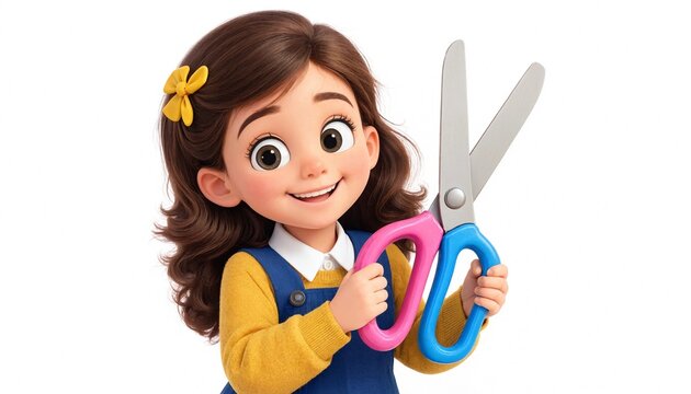 Cute schoolgirl holding large pink safety scissors with yellow uniform, crafting and school creativity