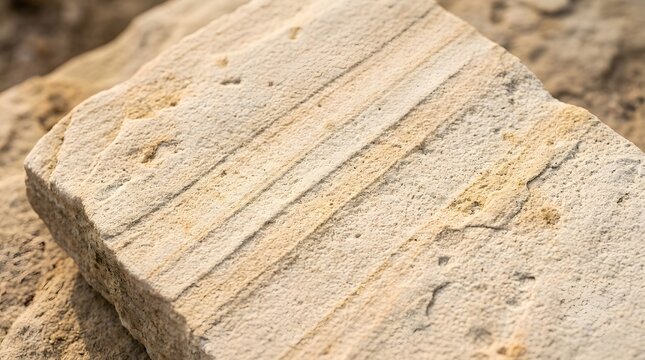 Weathered square limestone block featuring intricate parallel linear patterns and rough porous textured surfaces captured in soft natural sunlight detail