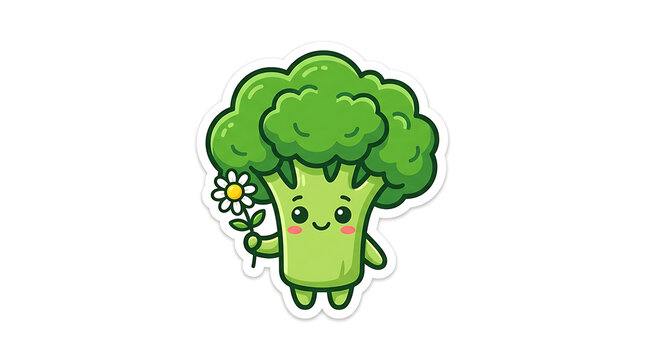 Kawaii broccoli character holding a flower. Cute vegetable mascot with a happy expression.