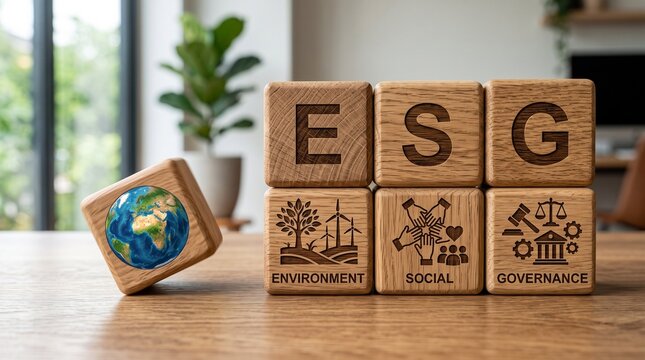 ESG (Environmental, Social, Governance) wooden blocks with Earth symbol