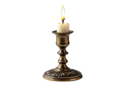 Realistic Vintage Brass Candlestick with Burning White Candle and Detailed Metal Texture Isolated on White Background for Elegant Decor