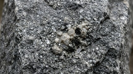 Fototapeta premium Detailed grey geological rock surface featuring sparkling crystalline mineral deposits with rough granite textures displayed .