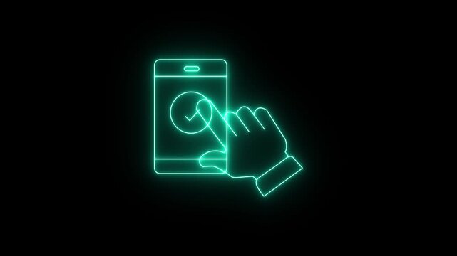 neon pink icon of a hand tapping a circular checkmark button on a smartphone screen. Animated mobile touchscreen interaction, task approval, or option selection on a black background.