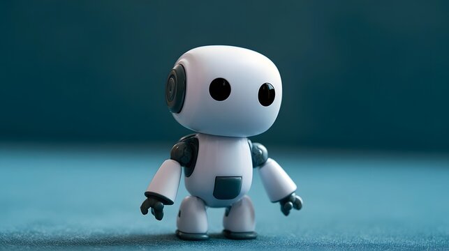 A small white robot toy stands upright on a blue textured surface against a dark teal background