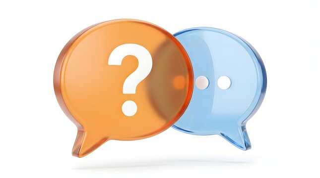 Two speech bubbles, one orange with a question mark, the other blue with dots, representing communication and inquiry