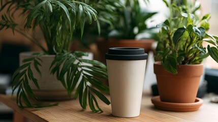 Fototapeta premium A reusable coffee cup sits on a wooden surface surrounded by potted green plants in natural indoor lighting