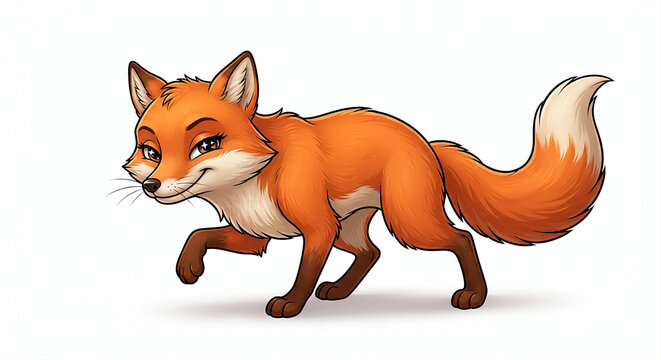 Cute red fox cartoon character walking or prowling with a clever smile and a fluffy white-tipped tail.