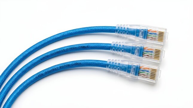 Three blue high-speed ethernet network patch cables with rj45 connectors isolated on a white background for internet data connection