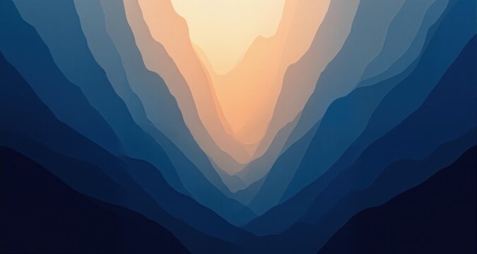 Abstract landscape. Layered mountains create tunnel effect. Warm light emanates from center, contrasting cool blues. Minimalist design.
