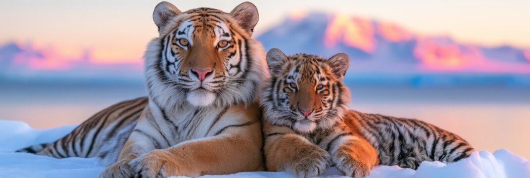 Siberian tiger and cub resting together on snow, representing wildlife, family bonding, endangered species, protection and conservation in a winter habitat.