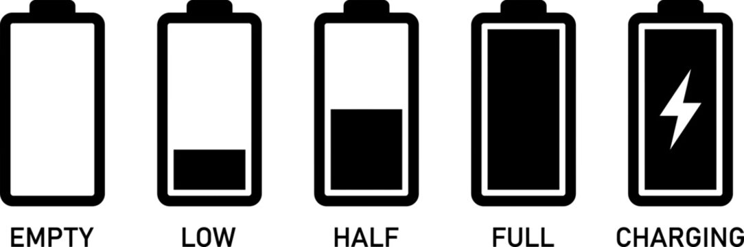 Battery level status icons showing empty, low, half, full, and charging states