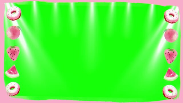 Banner featuring a repetitive pattern of pink donuts, strawberries, and watermelon slices sits against a vibrant green screen, offering a sweet and colorful aesthetic for creative design projects.