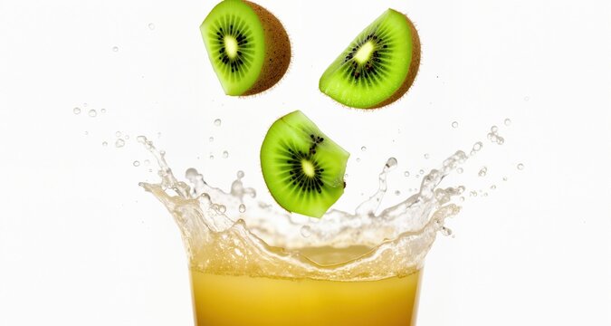 Fresh kiwi pieces falling into splashing juice on white background
