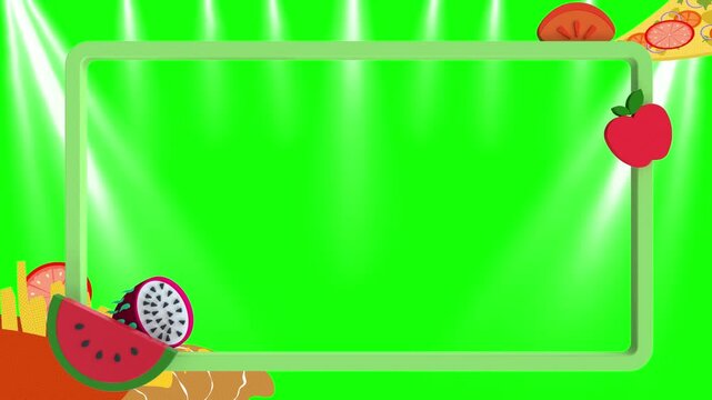 Frame decorated with assorted fresh fruits and pizza slices rests against a vibrant green screen background, providing a playful border for culinary advertisements or food related digital marketing.