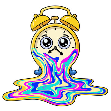 Cute melting alarm clock mascot sitting with liquid drip effect. Surreal vector illustration for time management, deadline stress, procrastination, sale discounts, and limited time concepts.