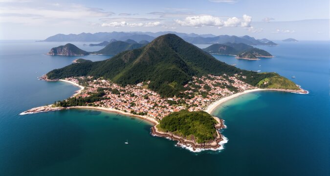 Aerial panorama of the island of Ilha Grande in Brazil area near the town of Angra dos Reis
