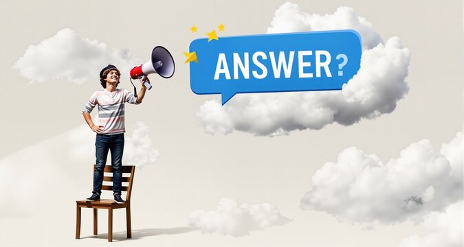 Creative collage picture young man standing chair announce proclaim textbox message answer reply sms bubble clouds bullhorn loudspeaker
