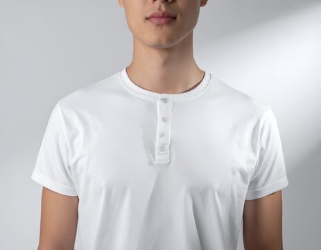 Man wearing white henley shirt with button placket.