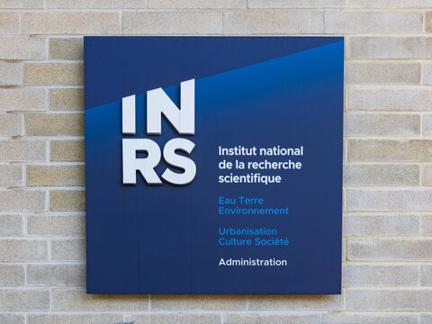 Quebec City, Quebec, Canada, April 26, 2026 - The&nbsp;Institut national de la recherche scientifique - INRS (National Institute for Scientific Research) sign on the wall of its facility 