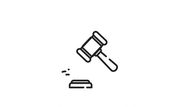 Simple black outline judge gavel icon on wooden base. Legal court symbol suitable for law firm websites, legal presentations, and educational materials.