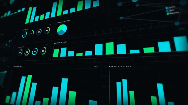 AI business data processing matrix dashboard macro animation, dark mode cyber security infographic glitch statistics