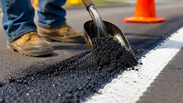 A dedicated construction worker meticulously spreads fresh asphalt with a shovel, performing essential road repair and infrastructure maintenance project.