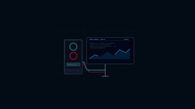 Modern flat design illustration of a computer setup with data analytics on screen.