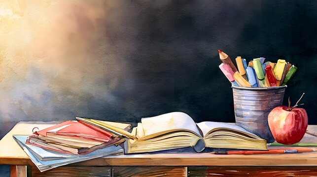 Vintage school desk watercolor illustration inspires creative learning moments and warm study spaces