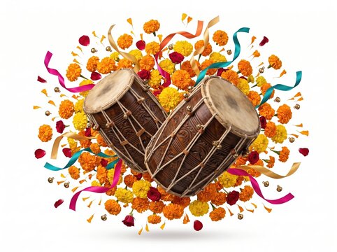 Traditional Indian Dhol Drums with Marigold Flowers and Ribbons.