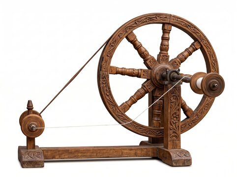 Vintage Wooden Spinning Wheel Isolated on White Background.