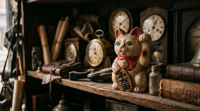 Nostalgic Maneki Neko and Old Japanese Antiques Capturing the Charm of Showa Era.
