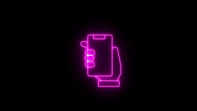 Glowing neon pink  icon of a hand holding a smartphone device. Animated mobile screen, hand holding cell phone, or smart device icon overlay on a black background.