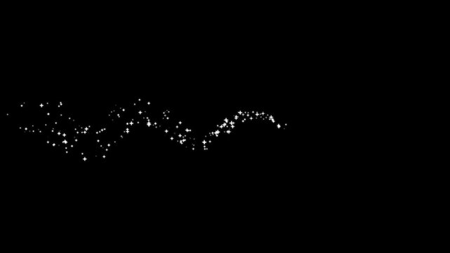 Glitter line transition animation, with twinkle sparkle stars, and cartoon doodle fairy dust trail overlay clip for glowing particle background design on dark black screen 4k video asset loop